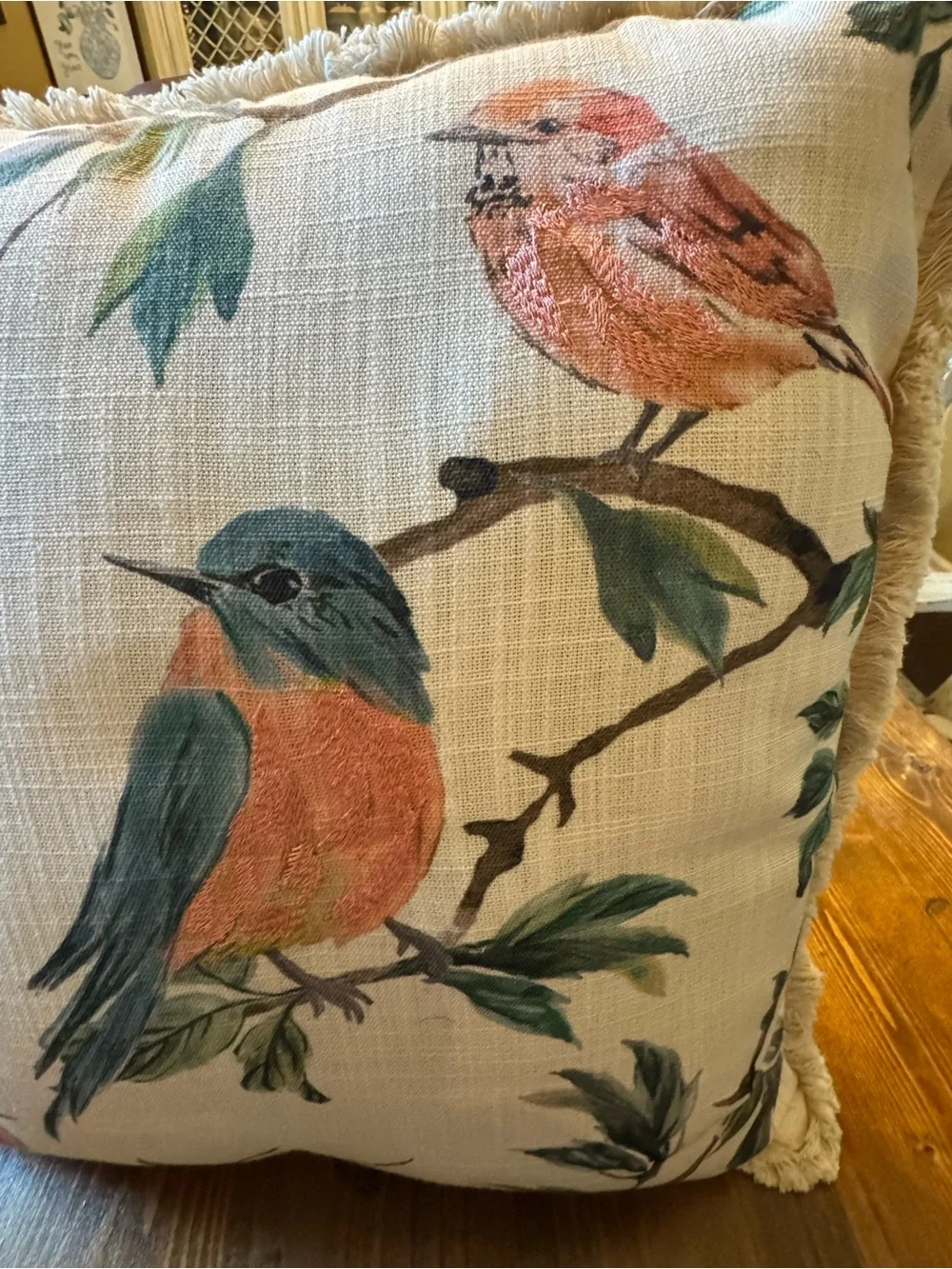 Source Unknown Cream Throw Pillow with Colorful Bird Print and Fringe